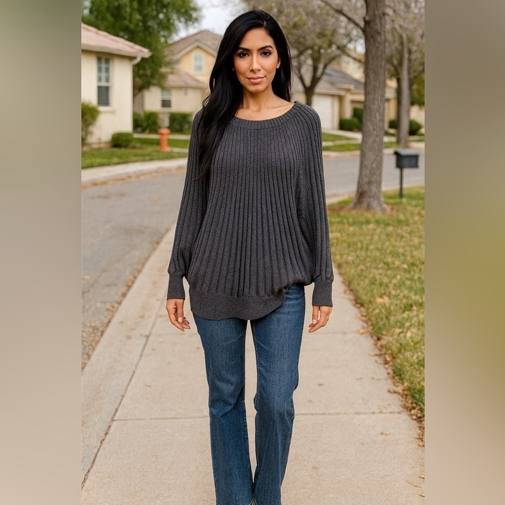 7th Avenue Design Studio New York & Co Gray Shimmer Dolman Sleeves Blouse Top M